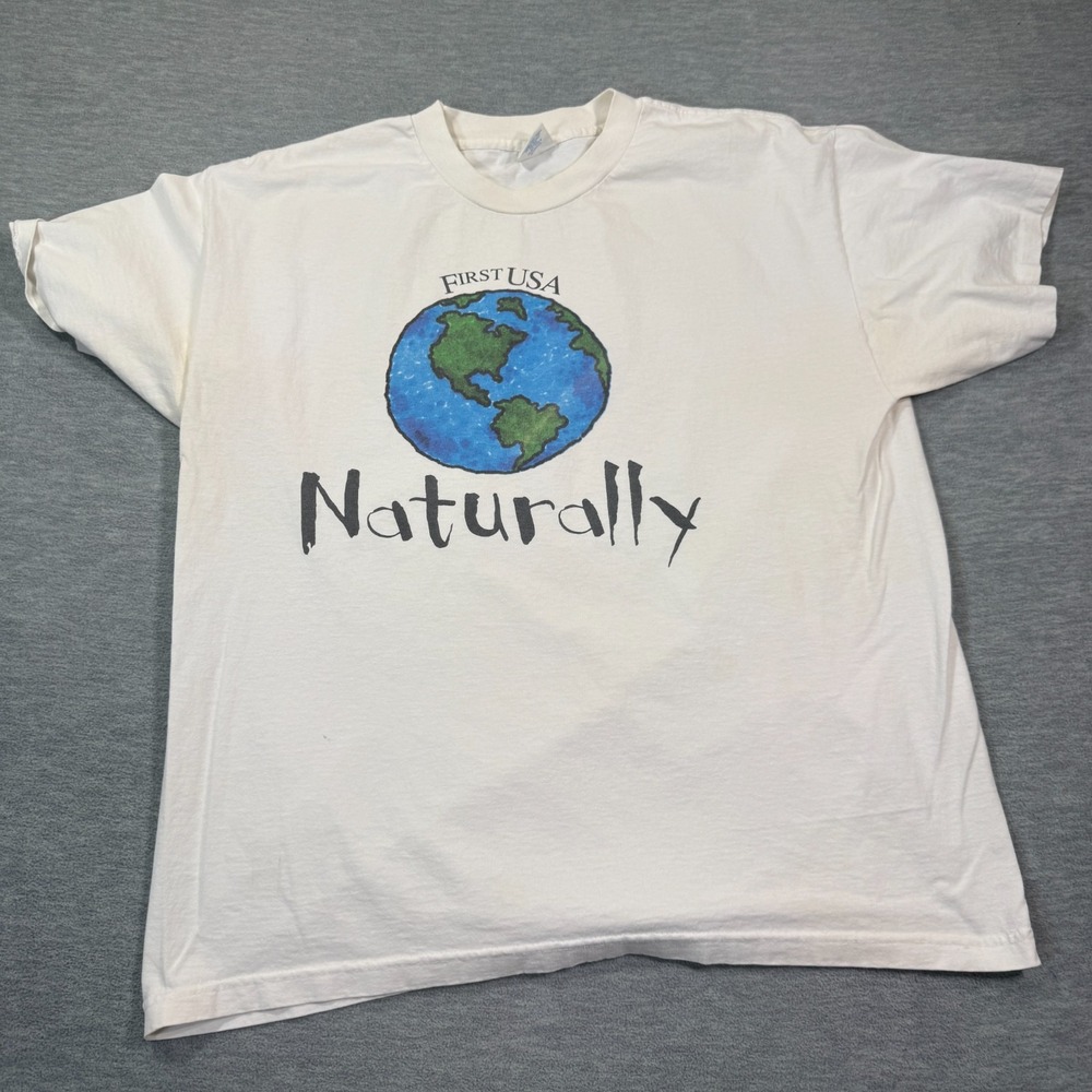 First Usa T-Shirt Men Xl White Naturally Earth Globe Graphic Made In Usa Tee